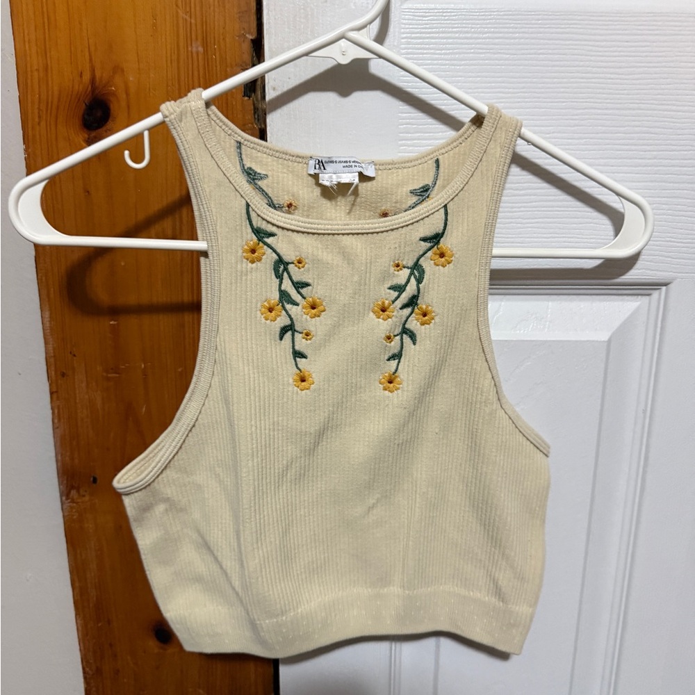 Zara Cream Tank Top with Yellow Floral Embroidery